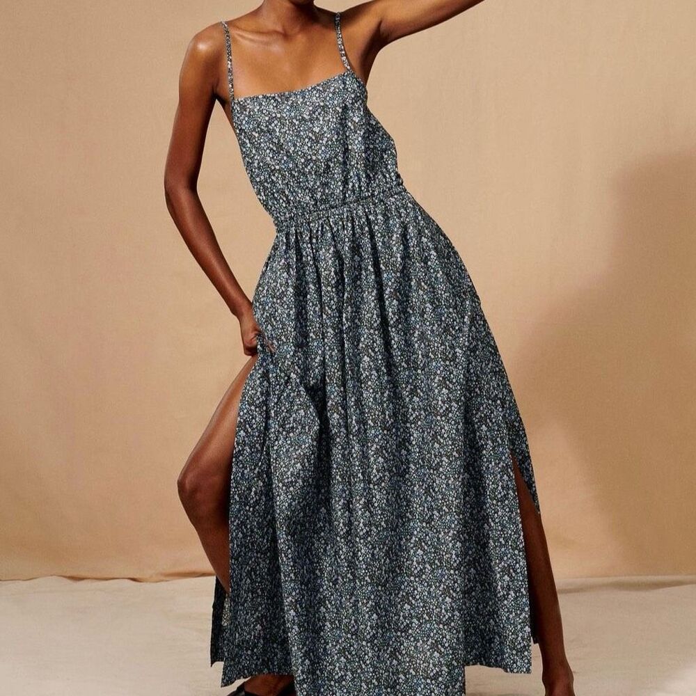 Matteau Navy Floral Maxi Dress with Side Slits